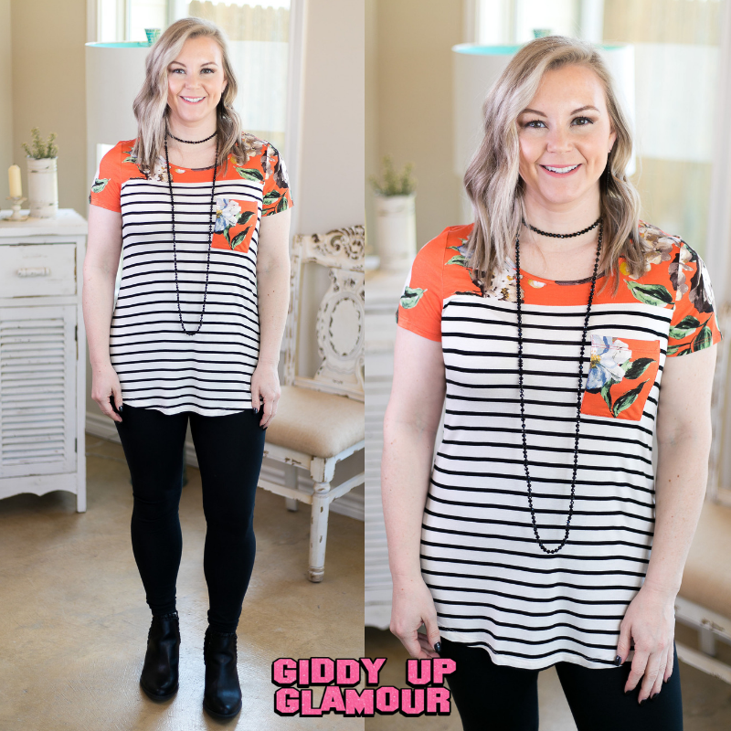 Last Chance Size Small | Take Nothing Less Floral and Stripe Pocket Tee in Coral Orange - Giddy Up Glamour Boutique