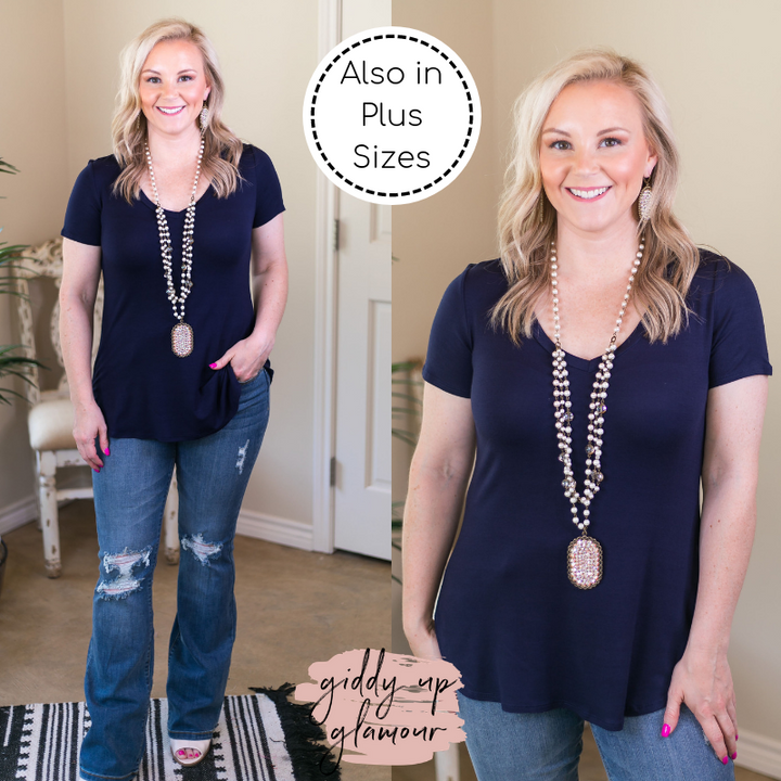 Simply The Best V Neck Short Sleeve Tee Shirt in Navy Blue - Giddy Up Glamour Boutique