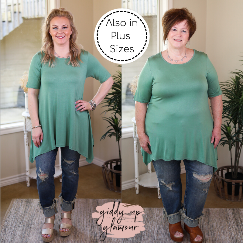Whenever This Happens Solid Handkerchief Tunic Top in Sage Green - Giddy Up Glamour Boutique