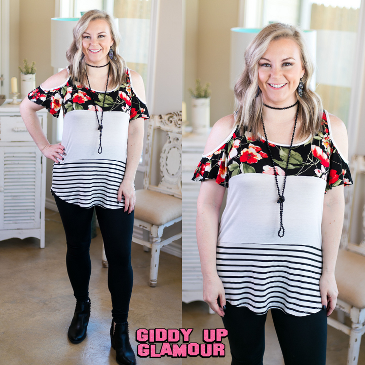 Last Chance Small & Med. | Sweetest Delight Floral & Stripe Color Block Cold Shoulder Top - Giddy Up Glamour Boutique