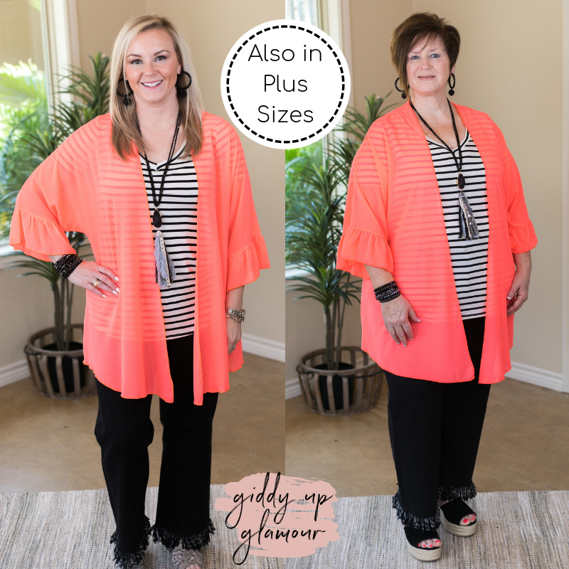Tell Me About It Sheer Kimono with Ruffle Sleeves in Neon Coral - Giddy Up Glamour Boutique