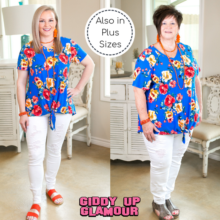 girl's getaway Women's trendy missy plus size boutique clothing shirt top blouse affordable color short sleeve floral print royal blue travel clothing soft tie top