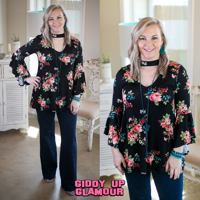 Love Philosophy Floral Print Bell Sleeve Top with Keyhole Cutout in Black
