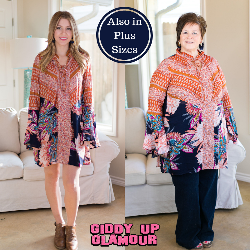 Matters of the Heart Floral and Paisley Dress in Navy and Orange - Giddy Up Glamour Boutique