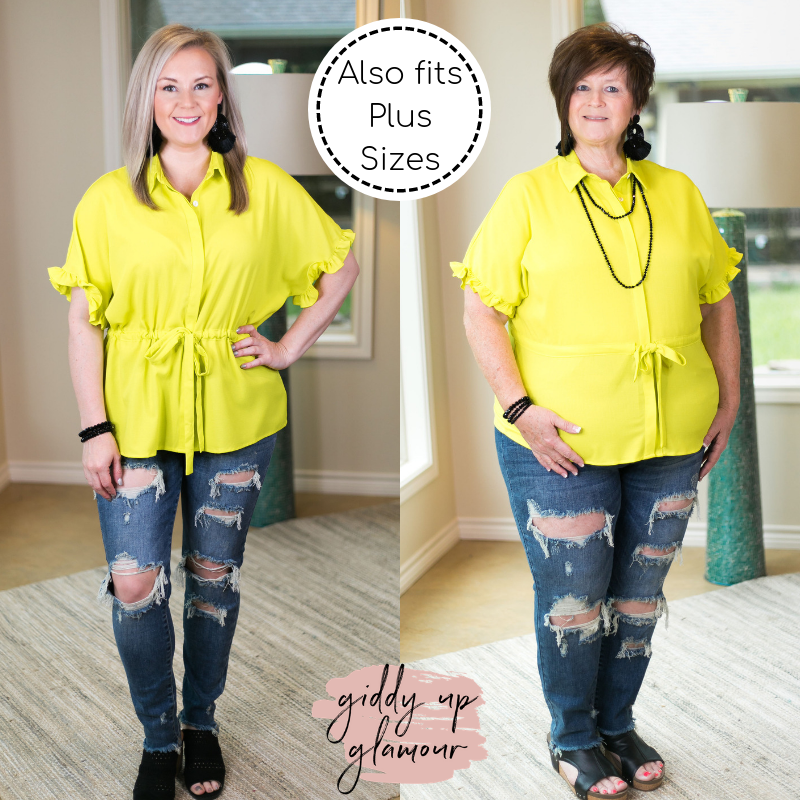 Last Chance Size Small | Double Take Button Down Top with Drawstring Waist and Ruffled Sleeves in Lime Green - Giddy Up Glamour Boutique