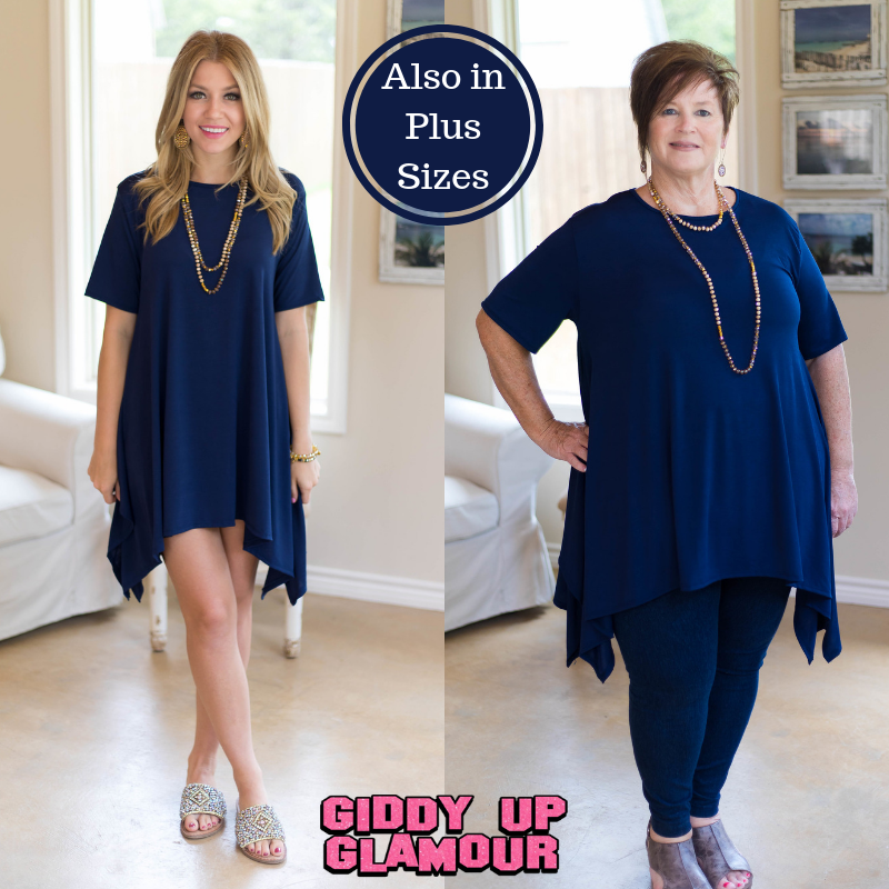 Last Chance Size S & M | Not A Doubt Asymmetrical Hemline Tunic in Navy Blue - Giddy Up Glamour Boutique