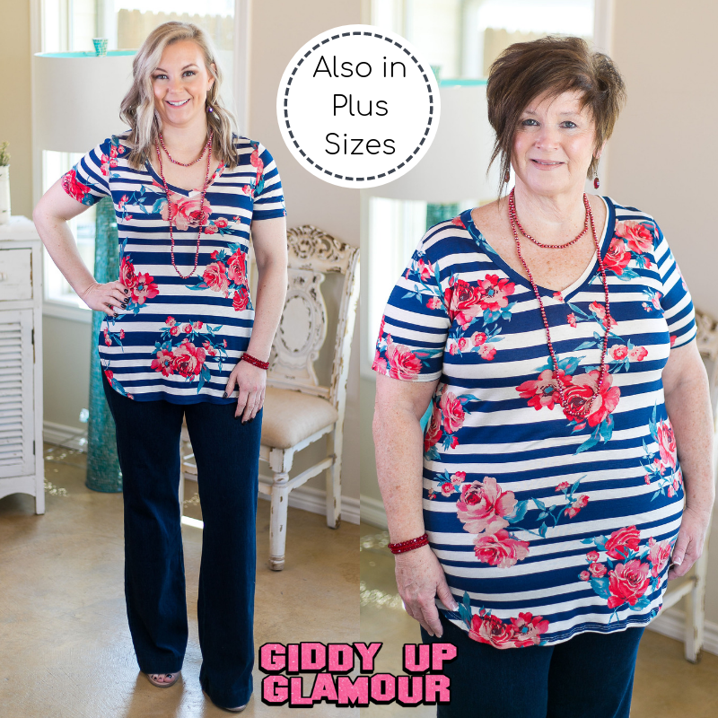Last Chance Size Small | Simply The Best V Neck Stripe & Floral Short Sleeve Tee Shirt in Navy Blue - Giddy Up Glamour Boutique
