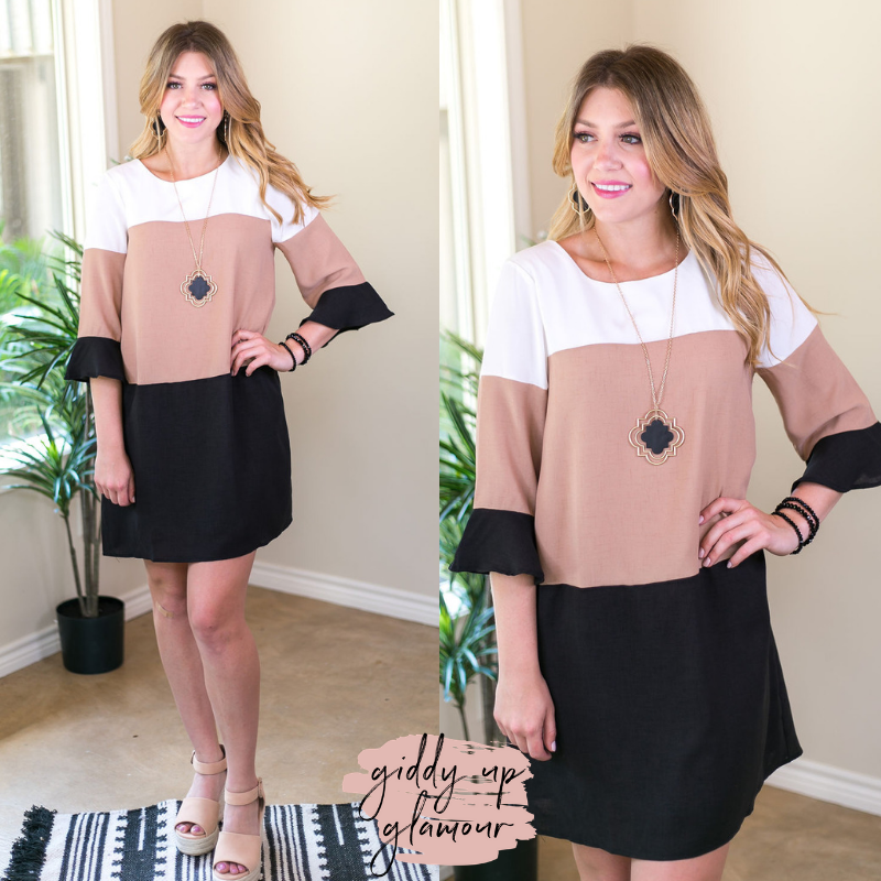 Last Chance Size Small | Clear Thoughts Color Block Woven Shift Dress in Mocha - Giddy Up Glamour Boutique
