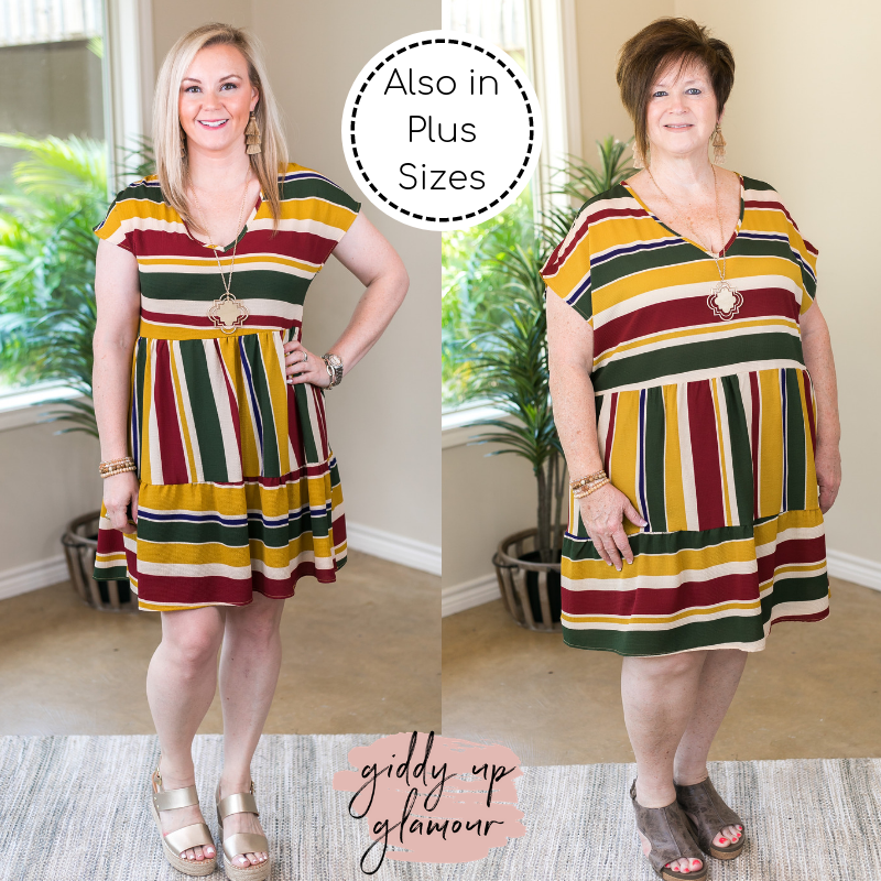 Going To Be Good V Neck Stripe Babydoll Dress in Mustard Yellow - Giddy Up Glamour Boutique