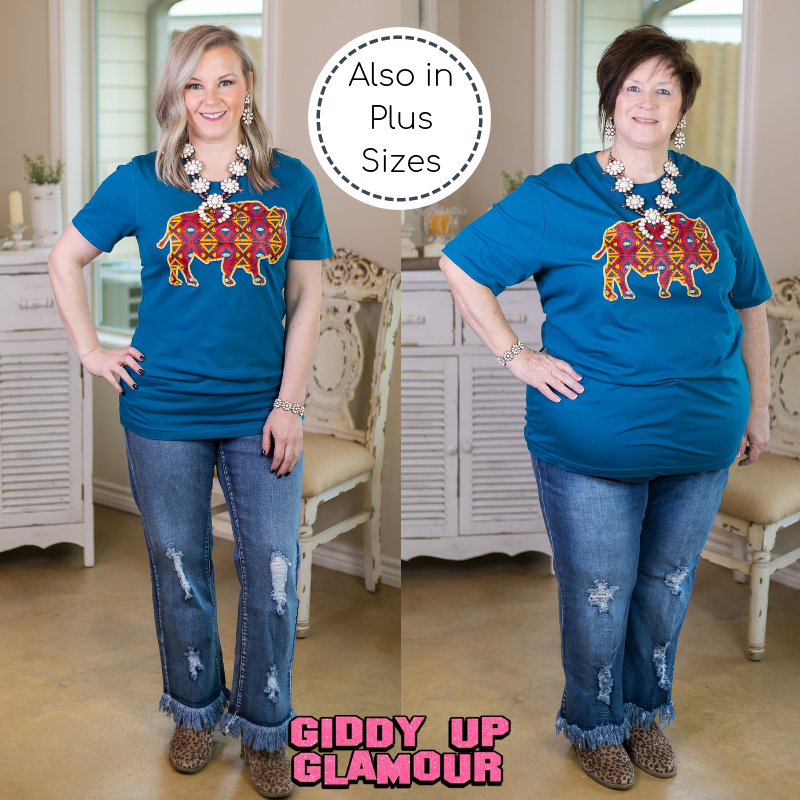 Last Chance Size 2XL & 3XL | Roam Free Aztec Buffalo Short Sleeve Tee Shirt in Teal Blue - Giddy Up Glamour Boutique