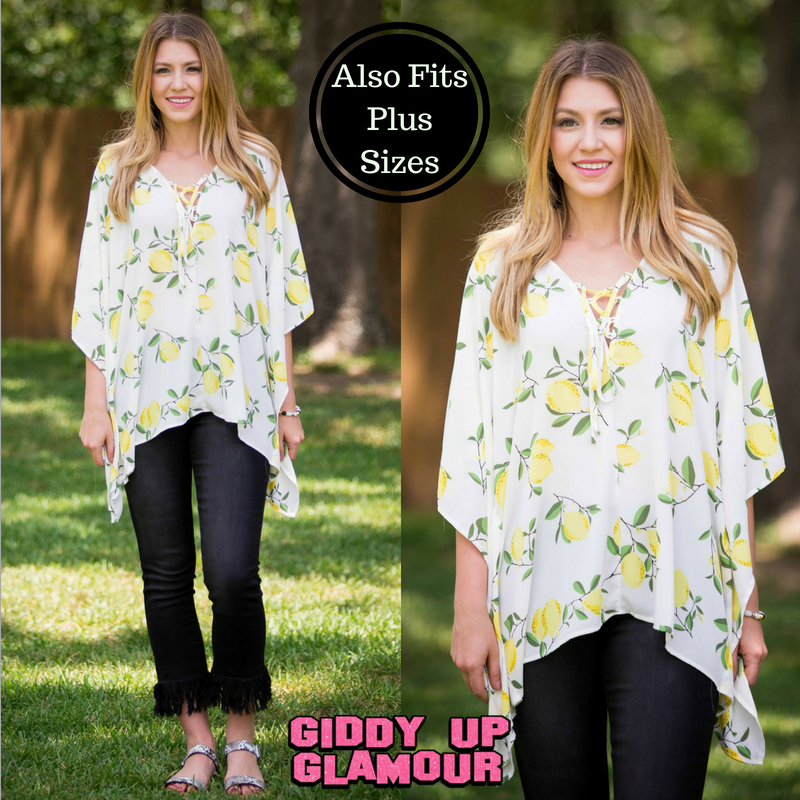 This Is Happiness Lemon Print Oversized Poncho Top with Lace Up Detail - Giddy Up Glamour Boutique