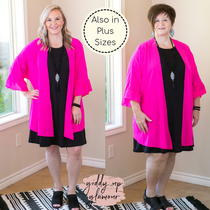 women's missy curvy girl fashions plus size kimono duster cover up boutique trendy sheer neon pink hot pink fuchsia 