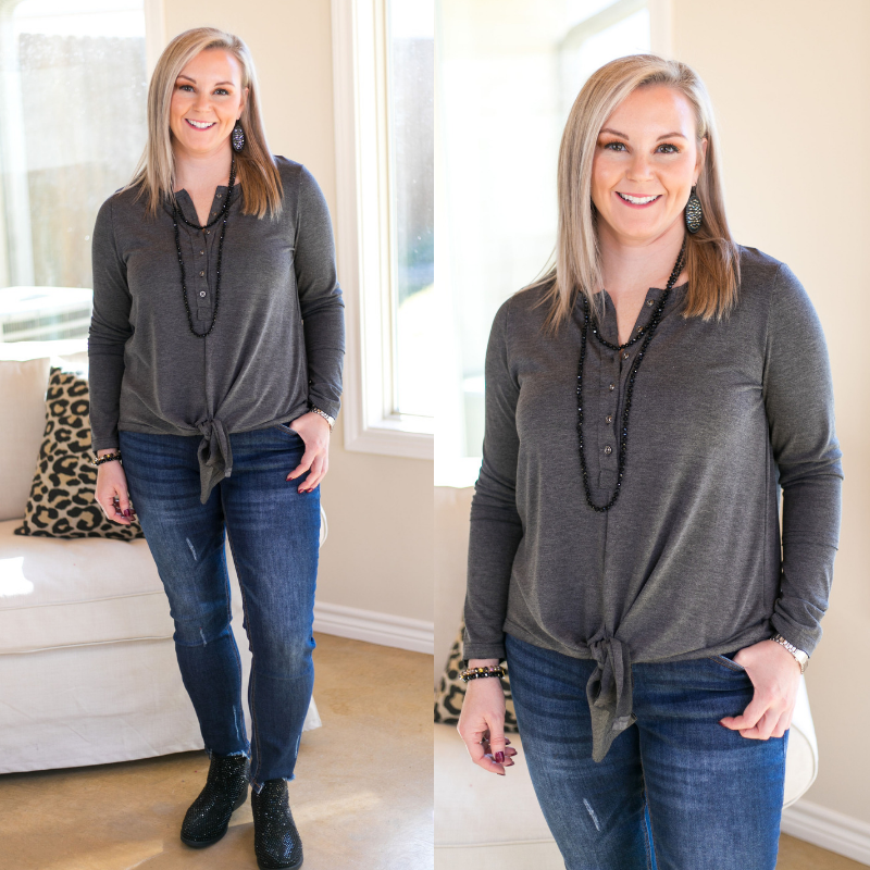Last Chance Size Small | Enchanted By You Tie Top in Charcoal Grey - Giddy Up Glamour Boutique