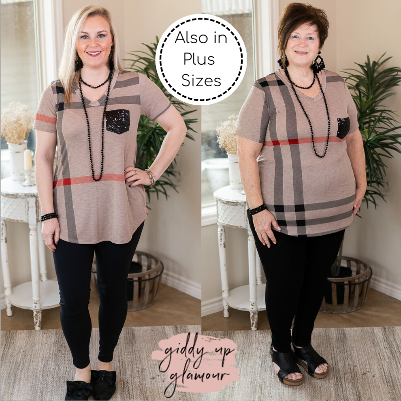 Take A Glisten Plaid Top with Sequin Pocket in Mocha winter plaid sequin red stripe 