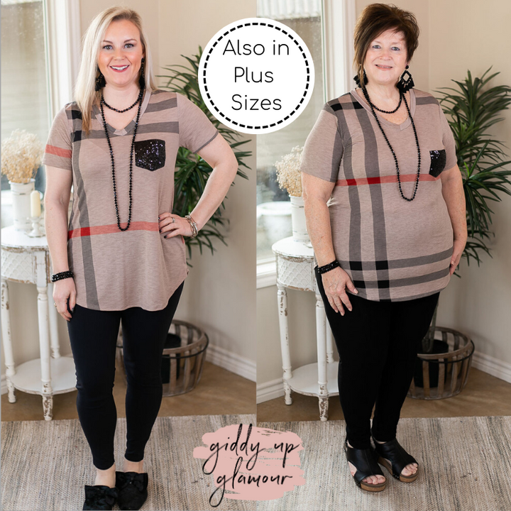 Take A Glisten Plaid Top with Sequin Pocket in Mocha winter plaid sequin red stripe 