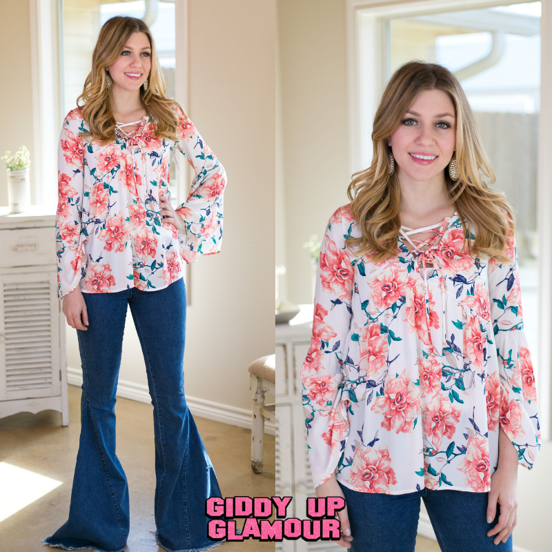Last Chance Size Small | Sunny State Of Mind Floral Bell Sleeve Top with Lace Up Neckline - Giddy Up Glamour Boutique