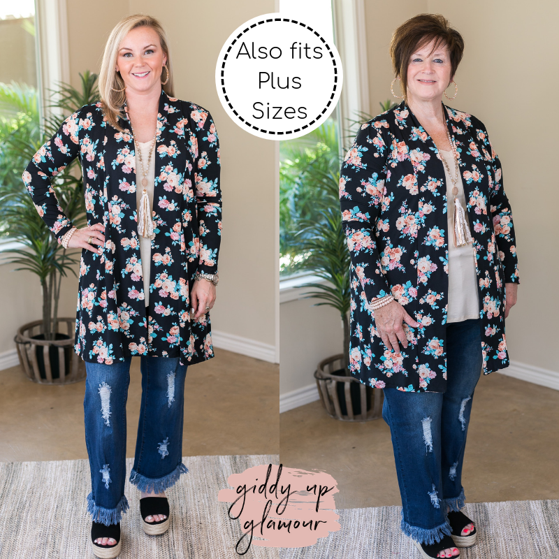 Garden Party Floral Print Super Soft Cardigan in Black - Giddy Up Glamour Boutique