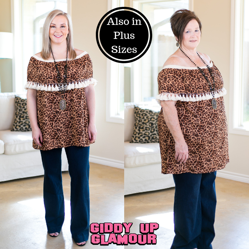 You Get What You Get Off Shoulder Tunic with Tassels in Leopard