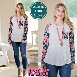 Win Them Over Stripe Pocket Blouse with Floral Long Sleeves