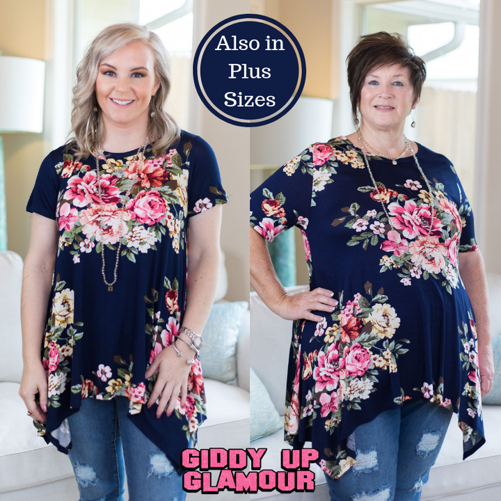 Last Chance Size Small | Keep You Around Short Sleeve Floral Trapeze Top in Navy Blue - Giddy Up Glamour Boutique