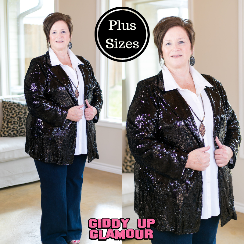 Plus Size Dazzle Them All Sequin Blazer Jacket in Black - Giddy Up Glamour Boutique