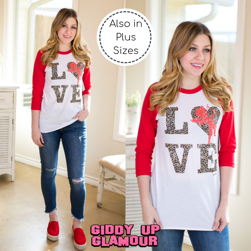Last Chance Size XS & Small | Cheetah Love Cupid Baseball Tee in Red - Giddy Up Glamour Boutique
