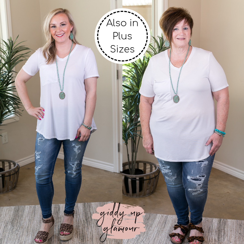 Just Right Short Sleeve Pocket Tee in White - Giddy Up Glamour Boutique