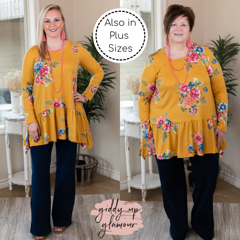 Online Only | Free To Wander Floral Long Sleeve Peplum Tunic in Mustard Yellow