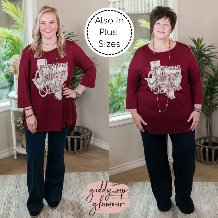 Sweet Home College Station Loose Fit 3/4 Sleeve Top in Maroon game day tee dolman top burgundy texas a&m aggies 