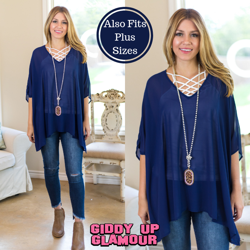 Sure Thing Sheer Oversized Poncho Top in Navy Blue