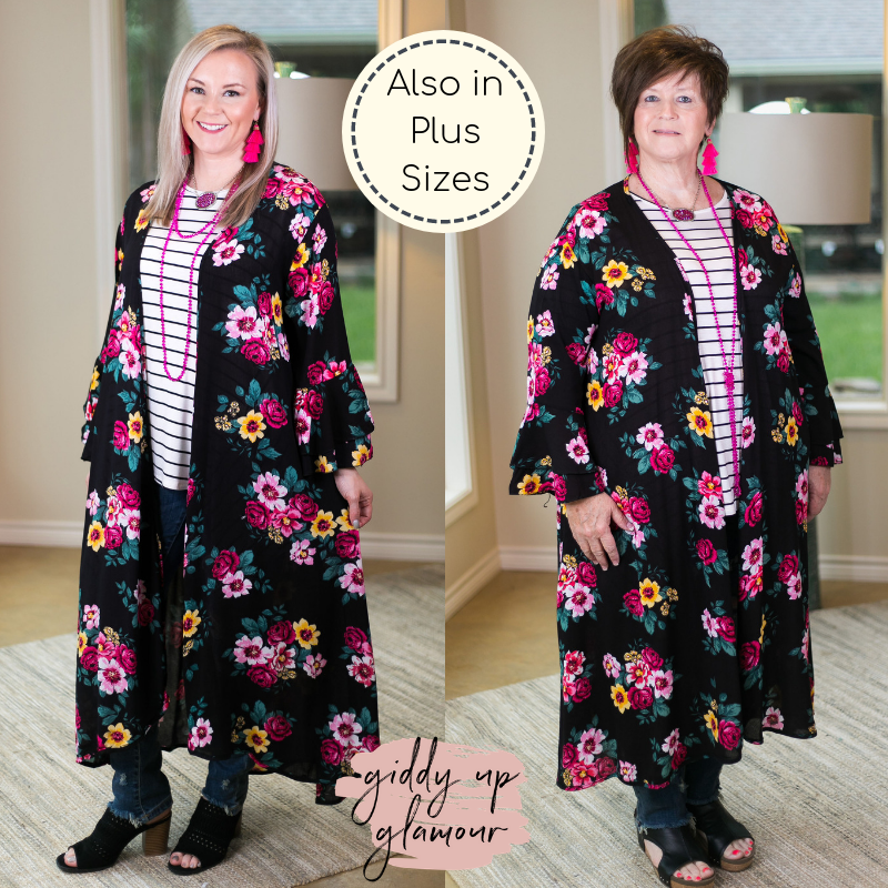 Southern Grace COME AWAY WITH ME Women's trendy missy plus size boutique clothing affordable bohemian  duster kimono floral black print cover up
