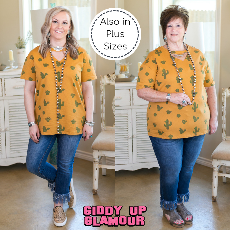 Last Chance Size Small | Way Out West Cactus Keyhole Cutout Short Sleeve Tee in Mustard Yellow - Giddy Up Glamour Boutique