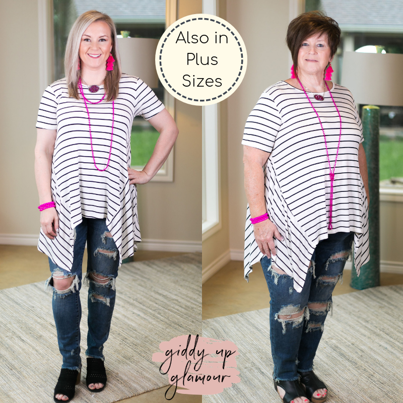 simplified style Women's trendy missy plus size boutique clothing shirt top blouse affordable short sleeve stripe handkerchief sharkbite tunic top to wear with leggings black ivory