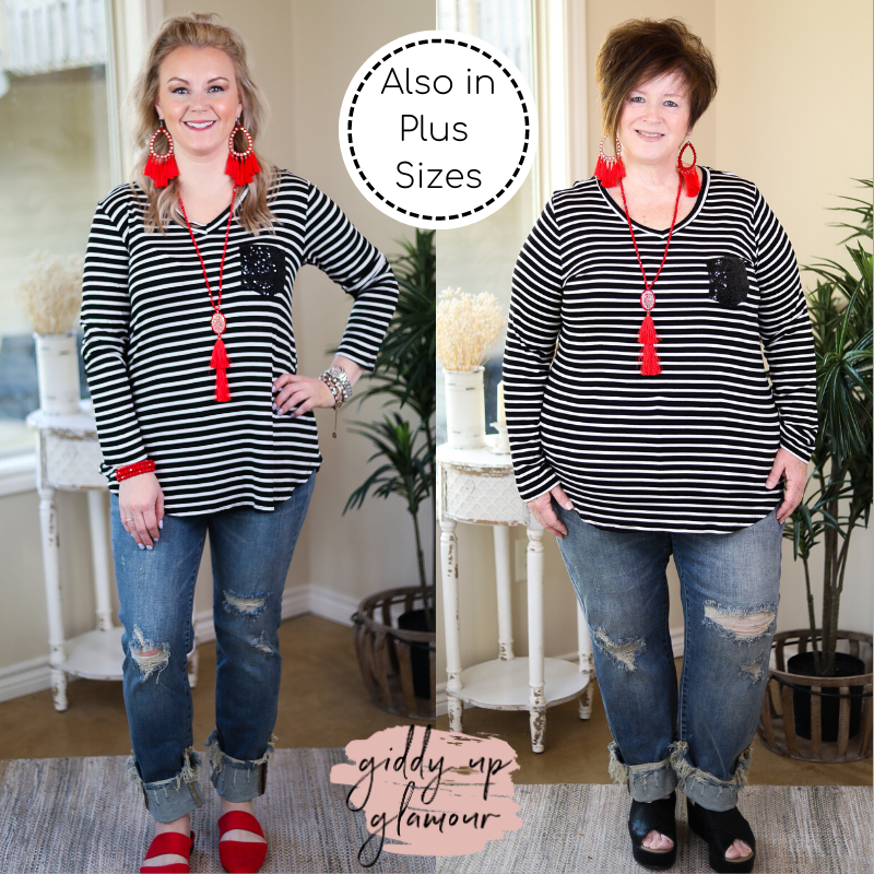Sparkle Just Right Sequin Long Sleeve Striped Pocket Tee in Black