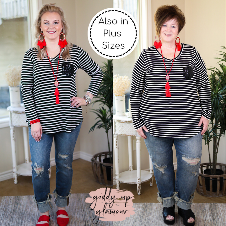 Sparkle Just Right Sequin Long Sleeve Striped Pocket Tee in Black