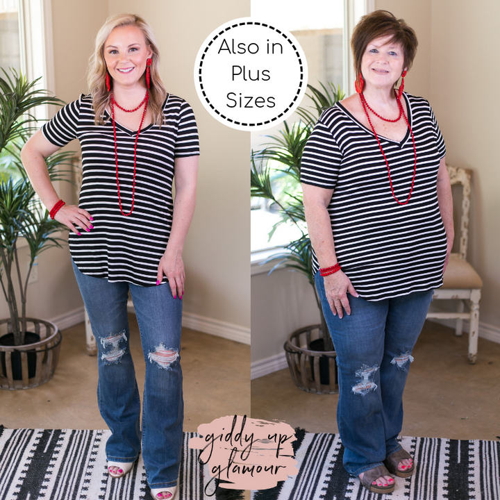 Simply The Best Striped V Neck Short Sleeve Tee Shirt in Black - Giddy Up Glamour Boutique