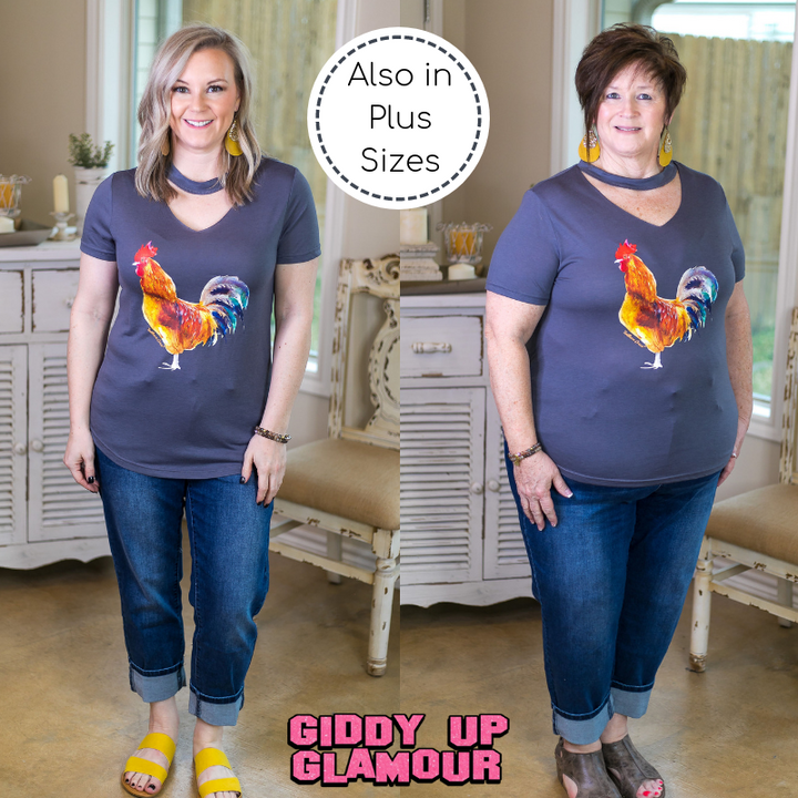 Last Chance Size Small & Med. | Rule The Roost Watercolor Rooster Tee with Keyhole Cutout in Charcoal - Giddy Up Glamour Boutique