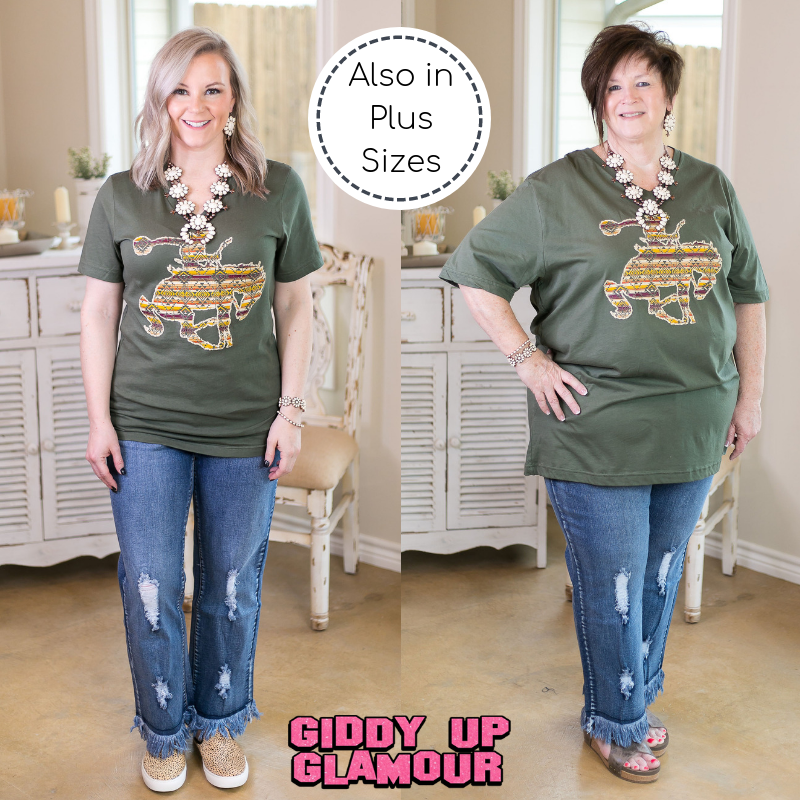 Last Chance Size 2XL & 3XL | Ain't My First Rodeo Aztec Print Saddle Bronc Short Sleeve Tee Shirt in Olive Green - Giddy Up Glamour Boutique