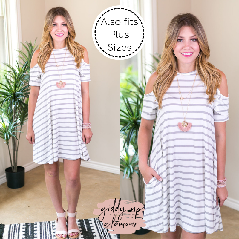 Last Chance Size Small | All Ruffled Up Grey and White Striped Cold Shoulder Dress - Giddy Up Glamour Boutique