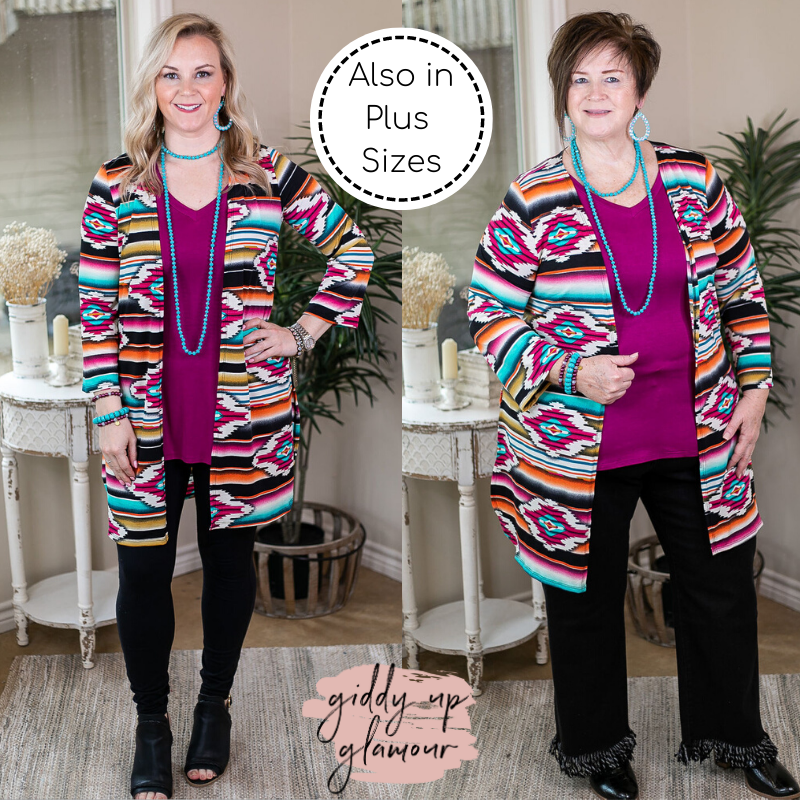 All Eyes On You Aztec Print Cardigan in Magenta and Gold pink and yellow and turquoise cardigan