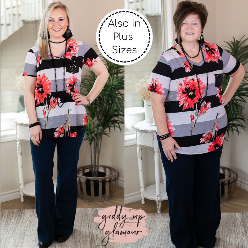 Sparkle Just Right Floral Stripe Sequin Pocket Tee in Black