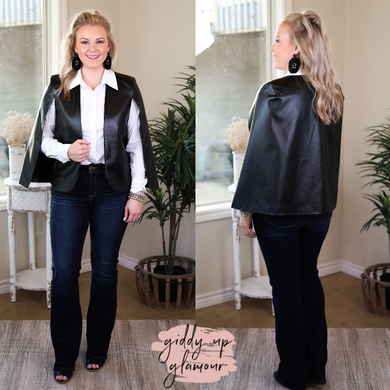 Serious Business Faux Leather Cape Blazer in Black
