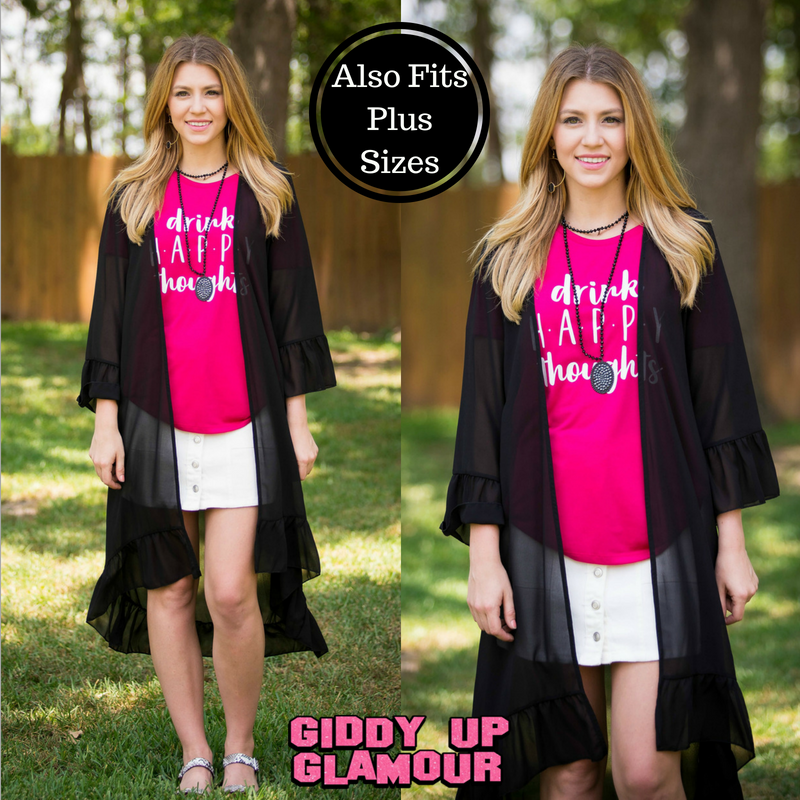 Listen to the Wind Sheer Duster with Ruffle Trim in Black - Giddy Up Glamour Boutique