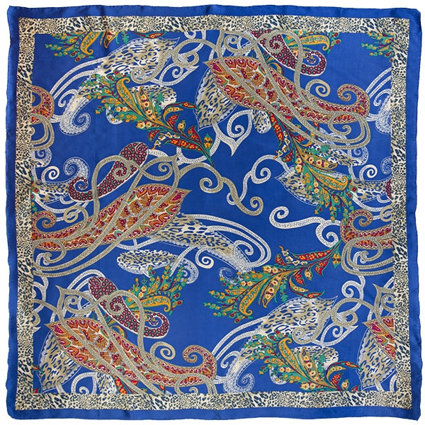 This is charmeuse print wild rag with various other prints such as leopard and paisley with different colors. The border is in leopard and the paisley is in the middle. There a many colors such as royal blue, gold/champagne, orange, pink, and yellow.