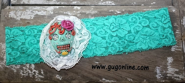 Mint Lace Headband with Mint Sugar Skull Trimmed in Ivory Lace - Giddy Up Glamour Boutique