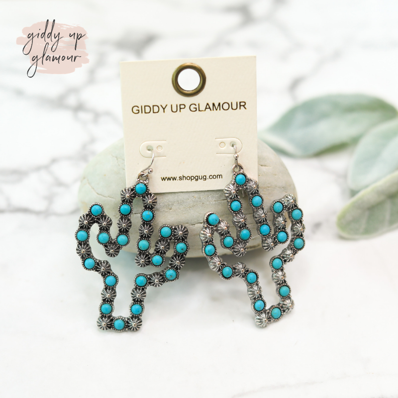 Silver Cactus Outline Earrings with Turquoise Stones - Giddy Up Glamour Boutique
