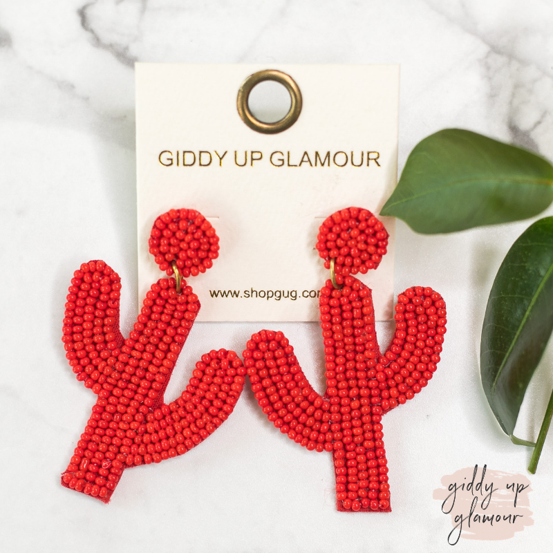 Seed Bead Cactus Earrings in Red - Giddy Up Glamour Boutique