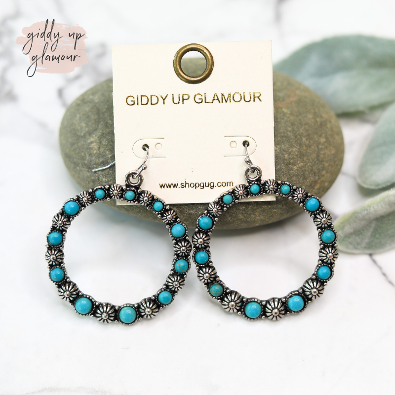 womens trendy jewelry silver circle outline earrings with turquoise stones