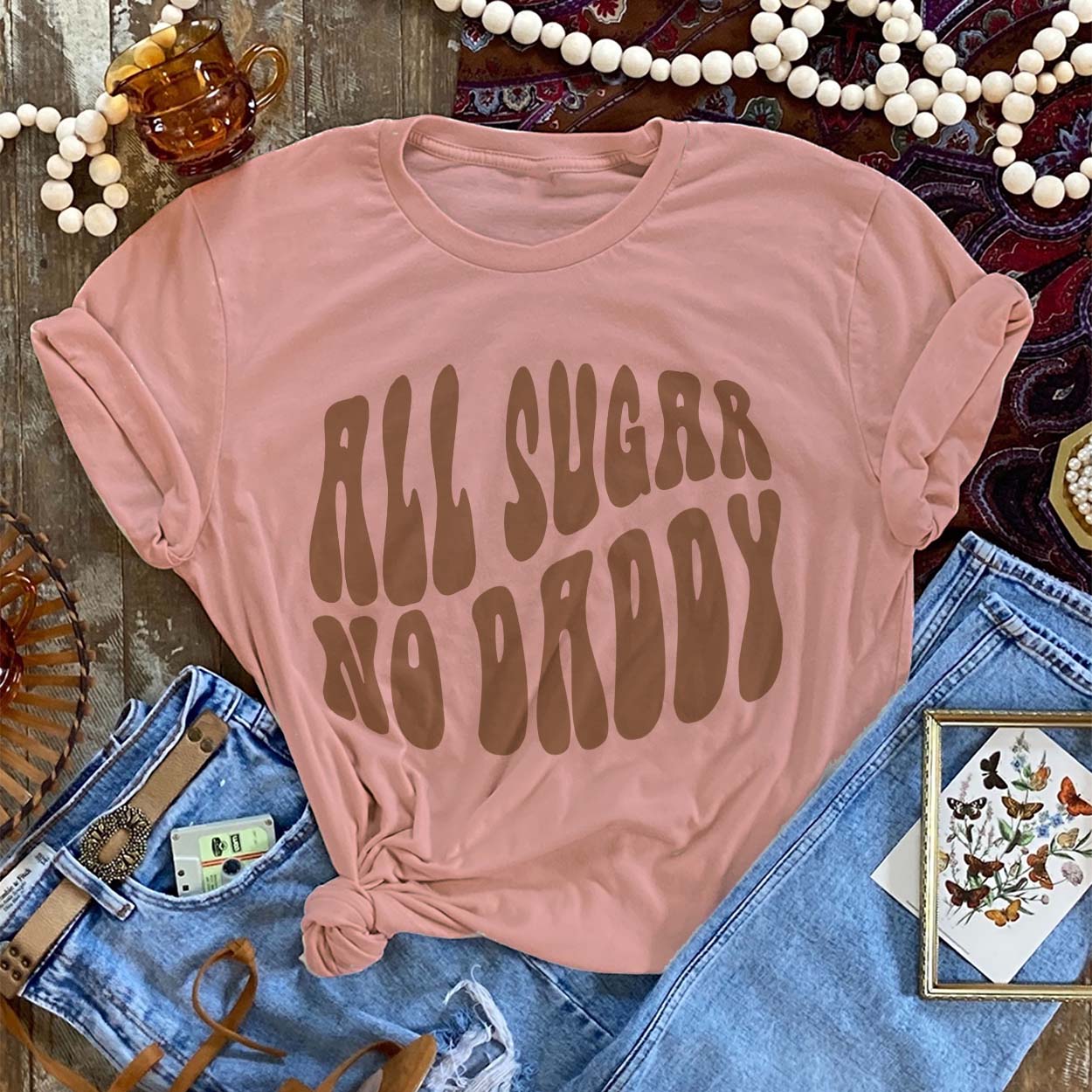 Online Exclusive | All Sugar, No Daddy Groovy Short Sleeve Graphic Tee in Dusty Rose - Giddy Up Glamour Boutique
