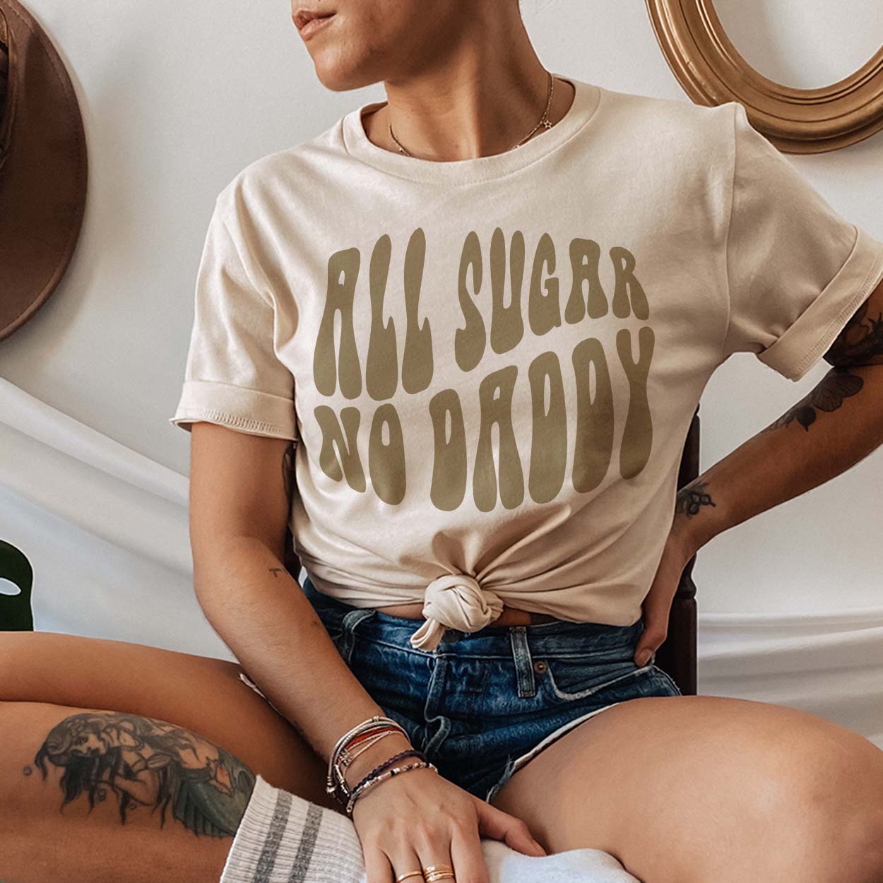 Online Exclusive | All Sugar, No Daddy Groovy Short Sleeve Graphic Tee in Cream - Giddy Up Glamour Boutique